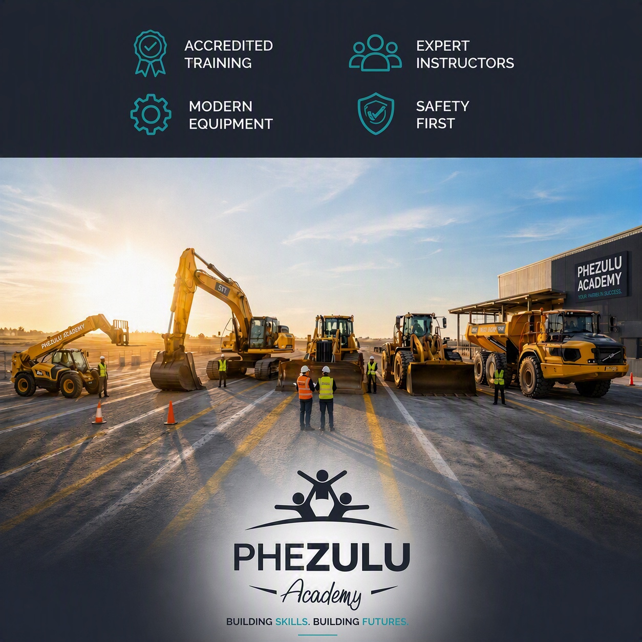 Phezulu Academy: accredited training, expert instructors, modern equipment, safety first. Building skills, building futures.